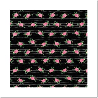 Pink Rose Flowers On Black And White Stripes Posters and Art